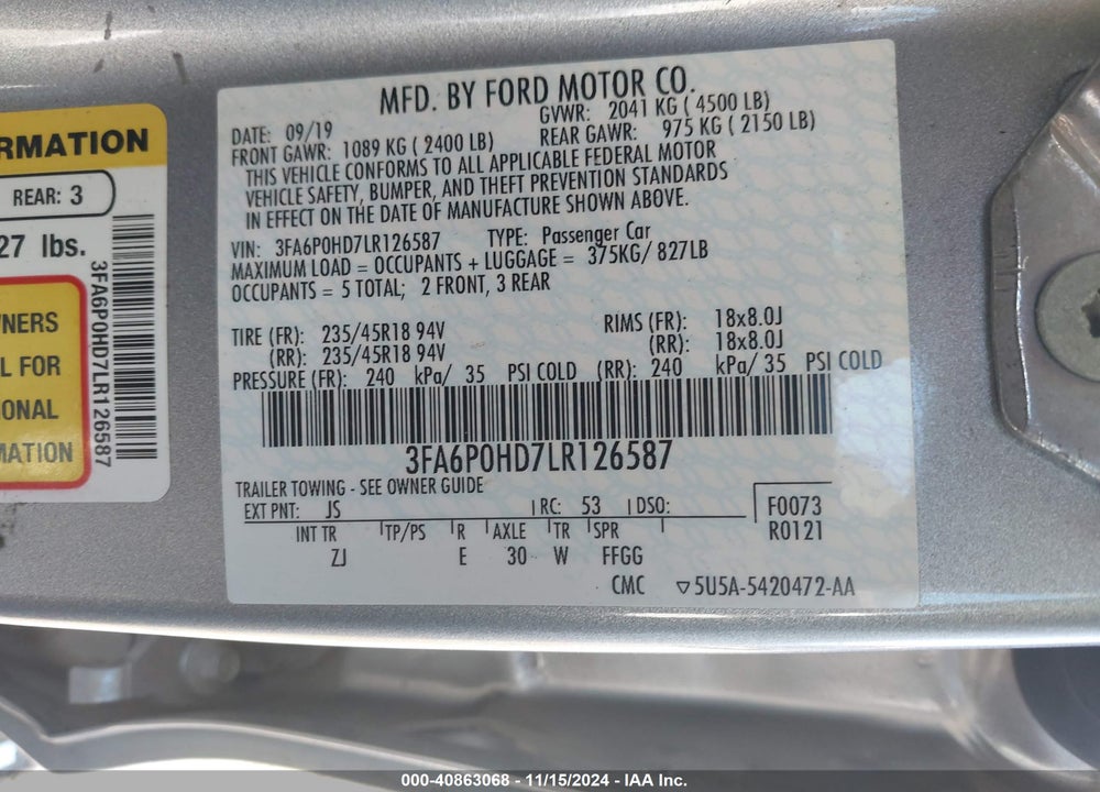 2020 FORD FUSION VIN: 3FA6P0HD7LR126587