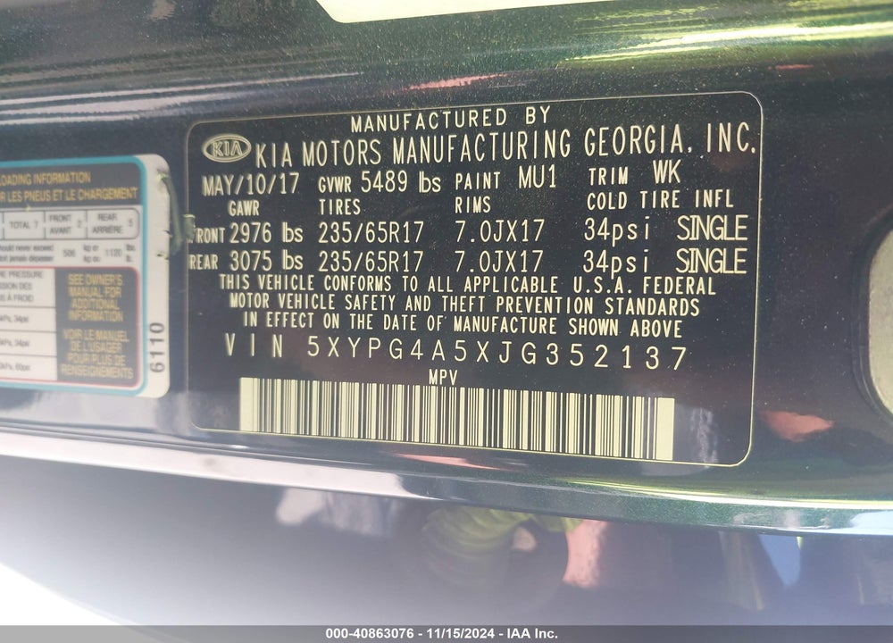2018 KIA SORENTO 3.3L LX VIN: 5XYPG4A5XJG352137