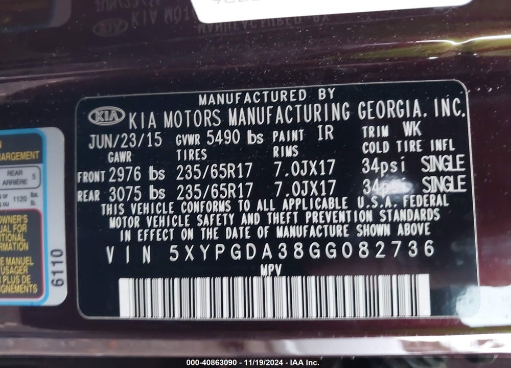 2016 KIA SORENTO 2.4L LX VIN: 5XYPGDA38GG082736
