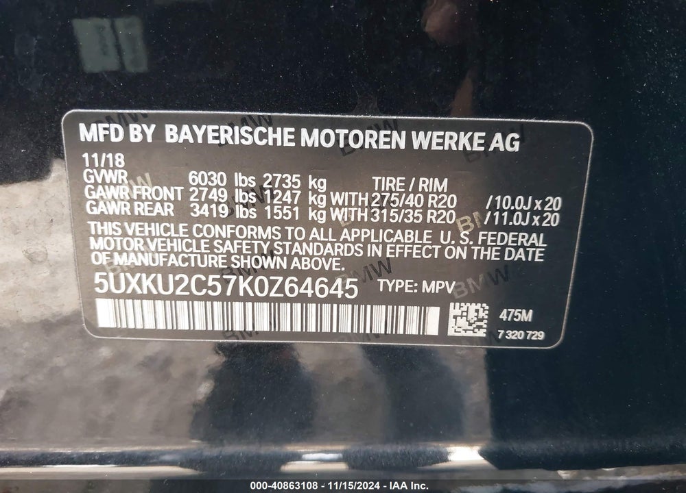 2019 BMW X6 XDRIVE35I VIN: 5UXKU2C57K0Z64645
