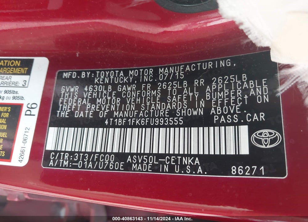 2015 TOYOTA CAMRY LE VIN: 4T1BF1FK6FU993555