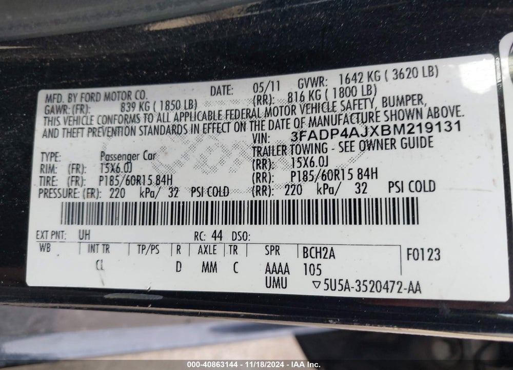 2011 FORD FIESTA S VIN: 3FADP4AJXBM219131