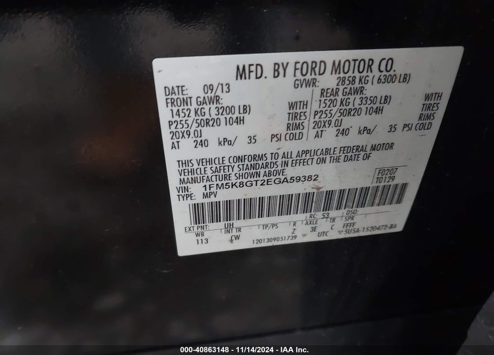 2014 FORD EXPLORER SPORT VIN: 1FM5K8GT2EGA59382