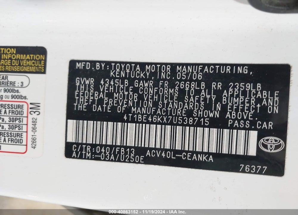 2007 TOYOTA CAMRY CE VIN: 4T1BE46KX7U538715