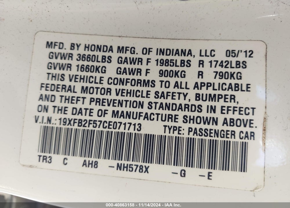 2012 HONDA CIVIC LX VIN: 19XFB2F57CE071713