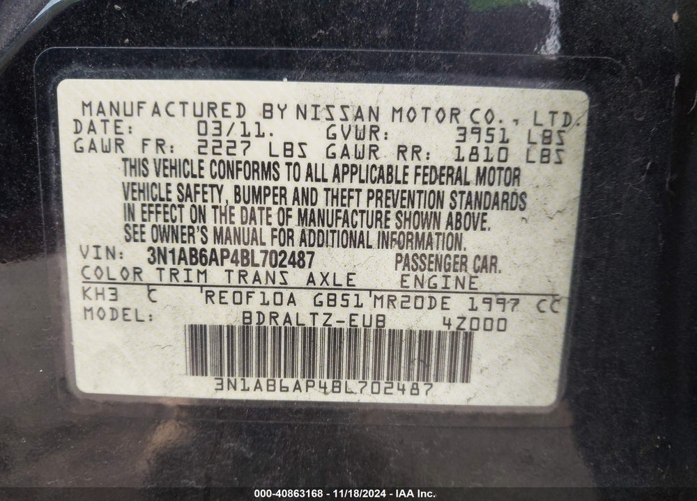 2011 NISSAN SENTRA 2.0S VIN: 3N1AB6AP4BL702487
