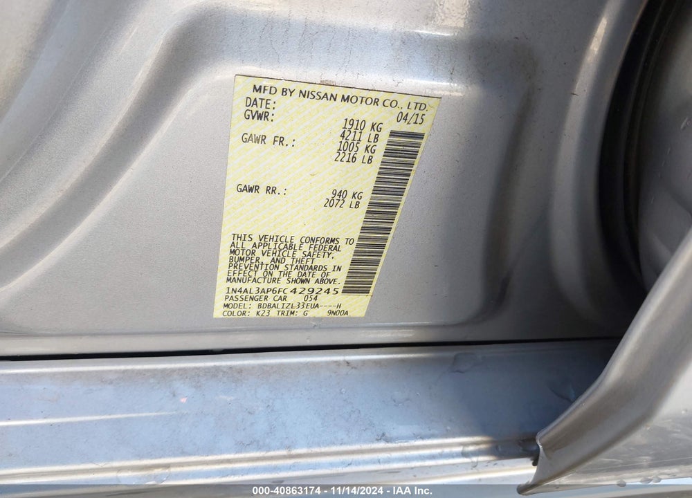 2015 NISSAN ALTIMA 2.5 SV VIN: 1N4AL3AP6FC429245