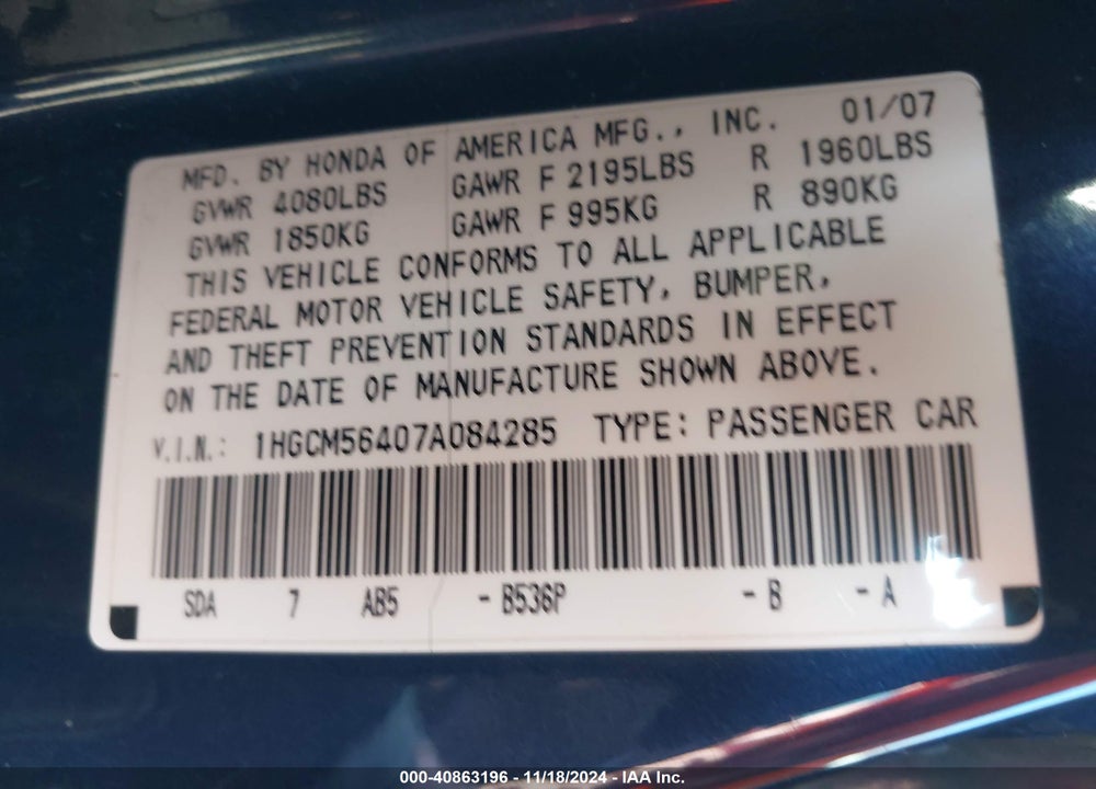 2007 HONDA ACCORD 2.4 LX VIN: 1HGCM56407A084285