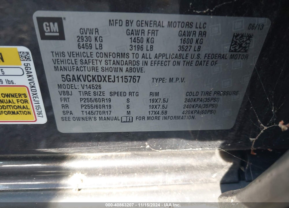 2014 BUICK ENCLAVE VIN: 5GAKVCKDXEJ115767