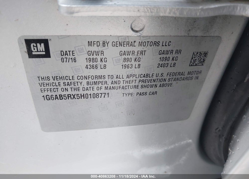 2017 CADILLAC ATS LUXURY VIN: 1G6AB5RX5H0108771