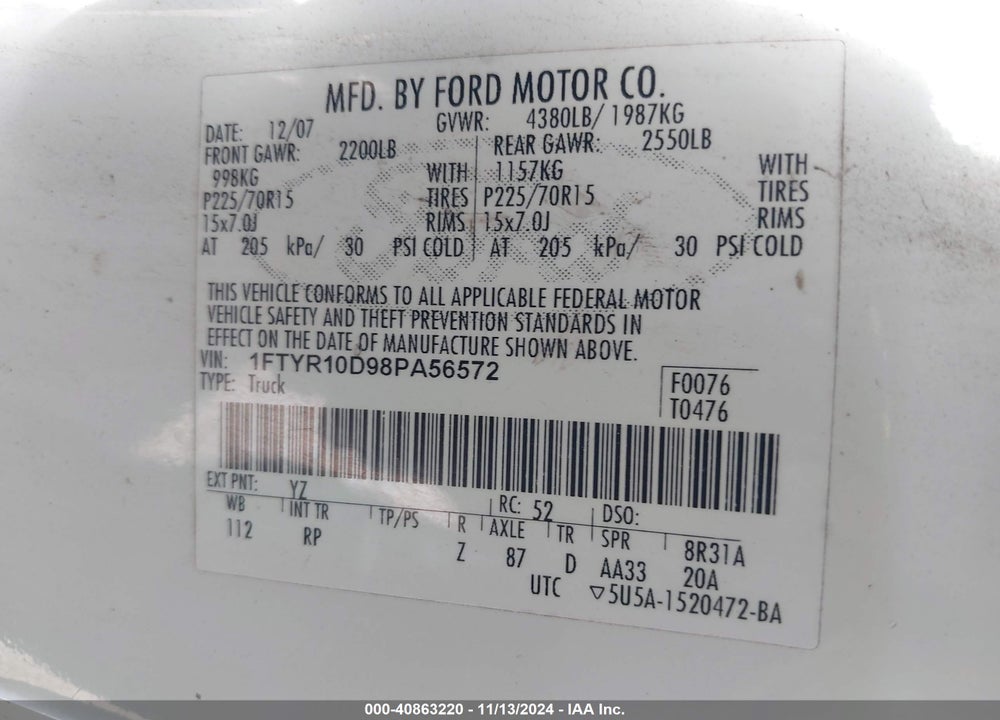 2008 FORD RANGER XL/XLT VIN: 1FTYR10D98PA56572
