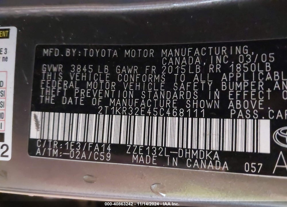 2005 TOYOTA MATRIX VIN: 2T1KR32E45C468111