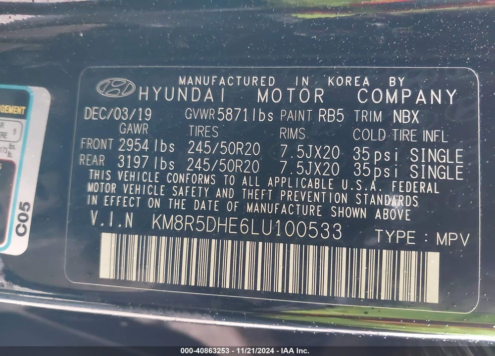 2020 HYUNDAI PALISADE LIMITED VIN: KM8R5DHE6LU100533