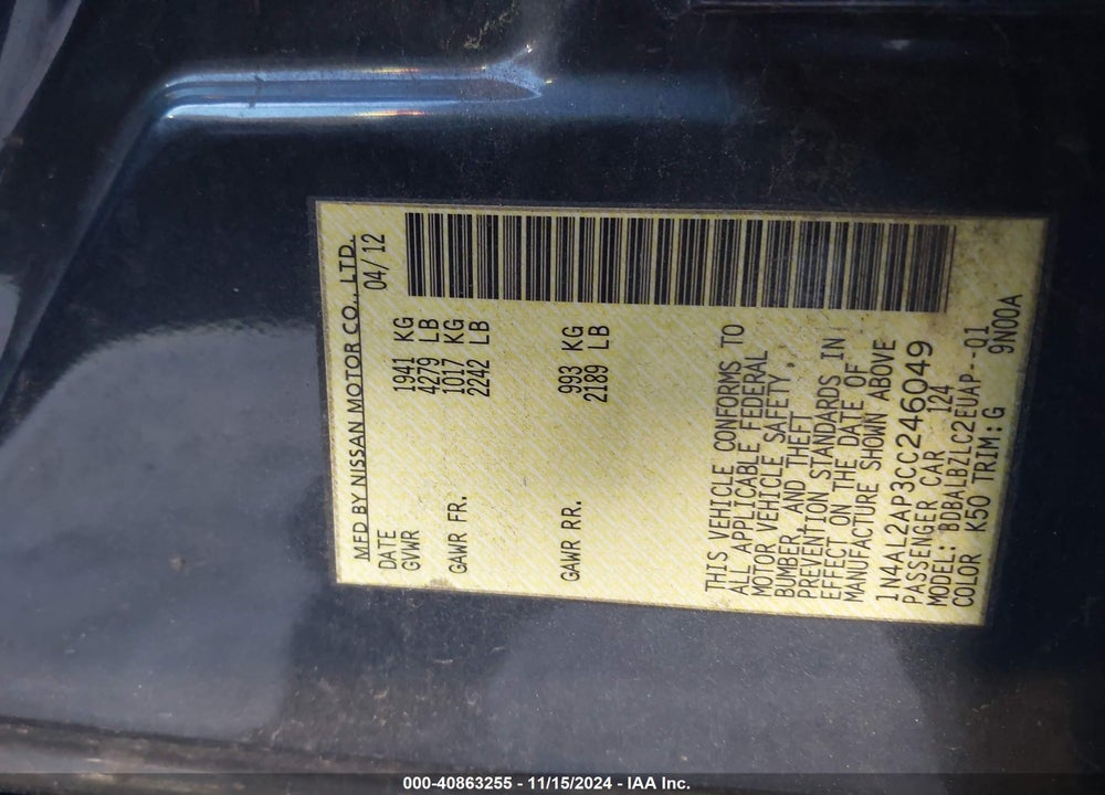 2012 NISSAN ALTIMA 2.5 S VIN: 1N4AL2AP3CC246049