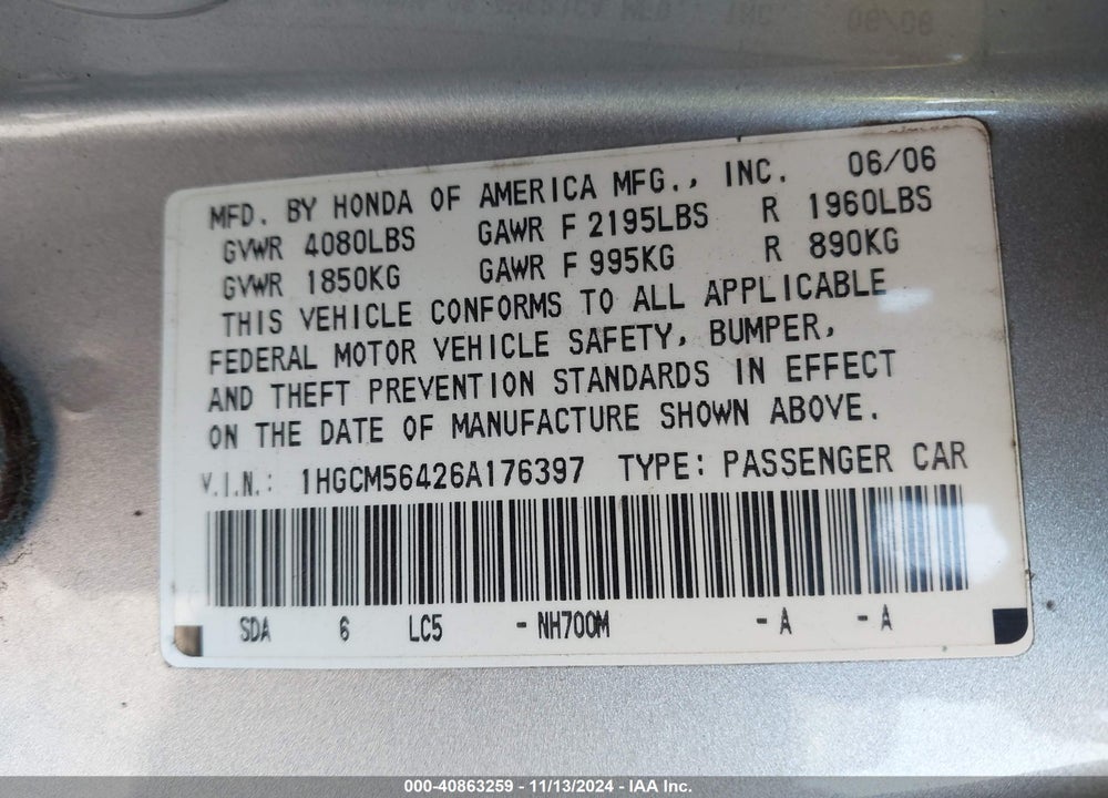 2006 HONDA ACCORD VIN: 1HGCM56426A176397
