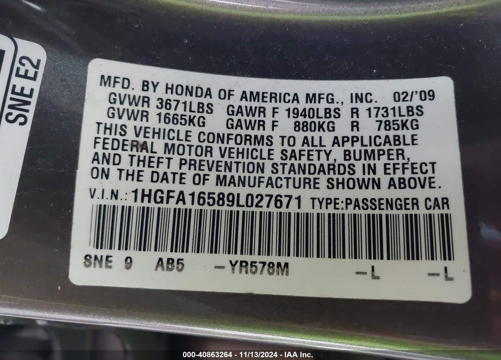 2009 HONDA CIVIC LX VIN: 1HGFA16589L027671