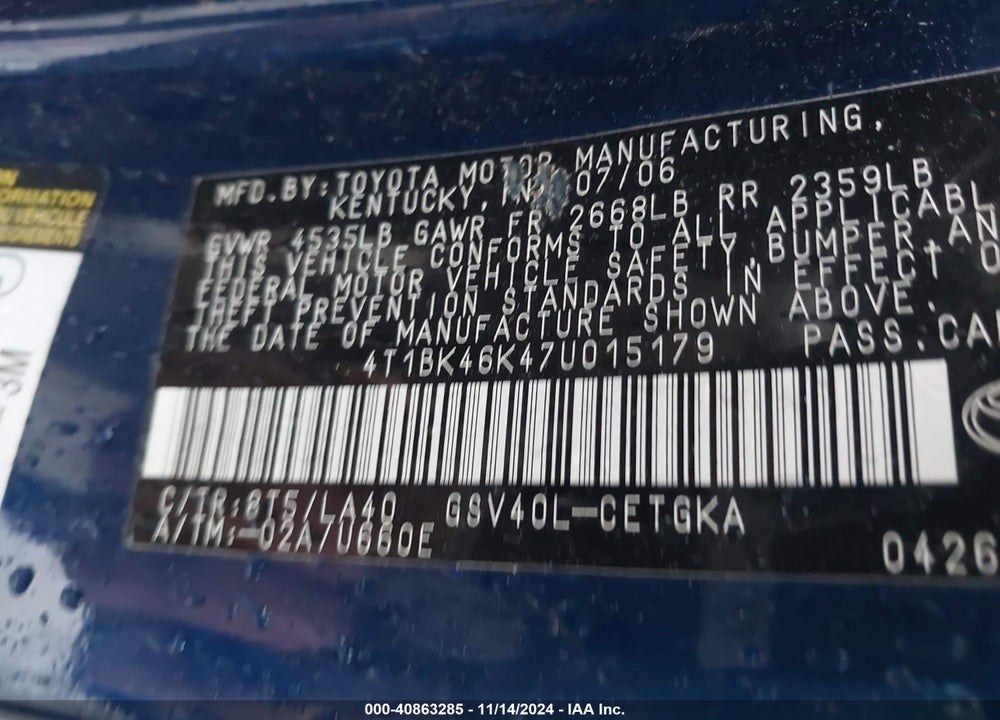 2007 TOYOTA CAMRY XLE V6 VIN: 4T1BK46K47U015179