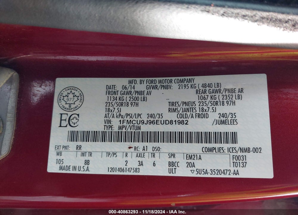 2014 FORD ESCAPE TITANIUM VIN: 1FMCU9J96EUD81982