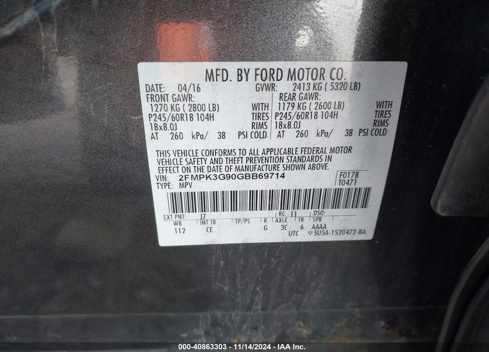2016 FORD EDGE SE VIN: 2FMPK3G90GBB69714