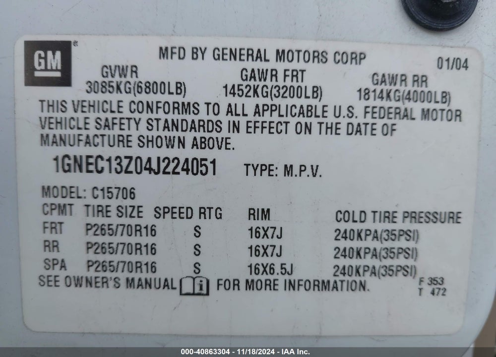 2004 CHEVROLET TAHOE LT VIN: 1GNEC13Z04J224051