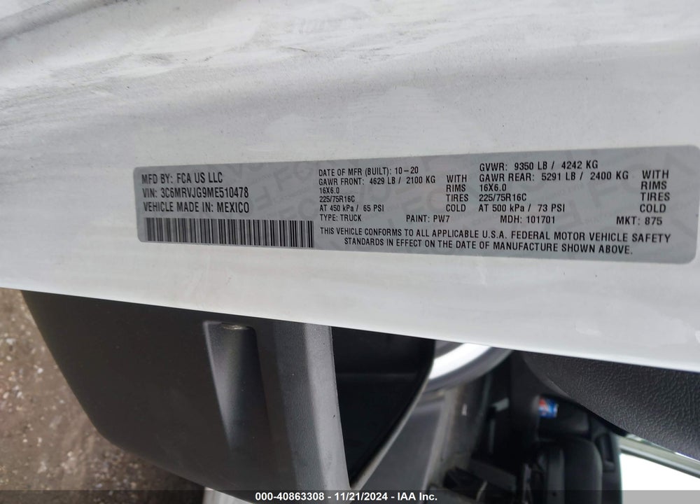 2021 RAM PROMASTER 3500 VIN: 3C6MRVJG9ME510478