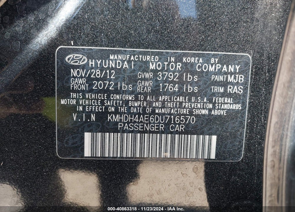 2013 HYUNDAI ELANTRA VIN: KMHDH4AE6DU716570