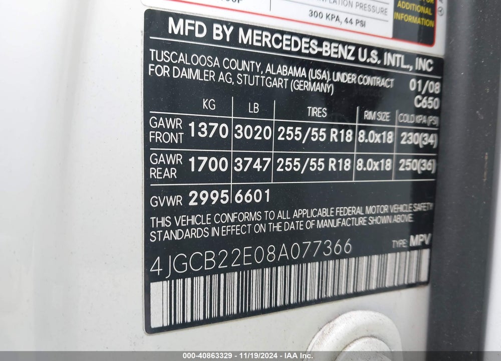 2008 MERCEDES-BENZ R 320 CDI 4MATIC VIN: 4JGCB22E08A077366