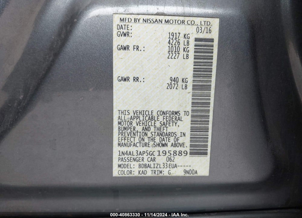 2016 NISSAN ALTIMA 2.5 SV VIN: 1N4AL3AP5GC195889