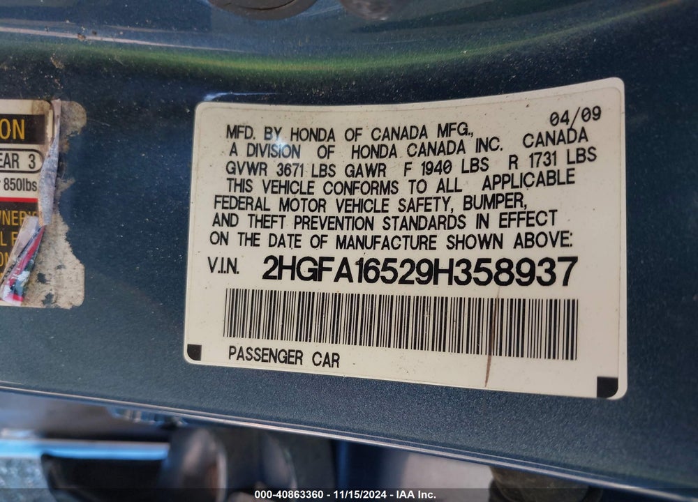 2009 HONDA CIVIC LX VIN: 2HGFA16529H358937