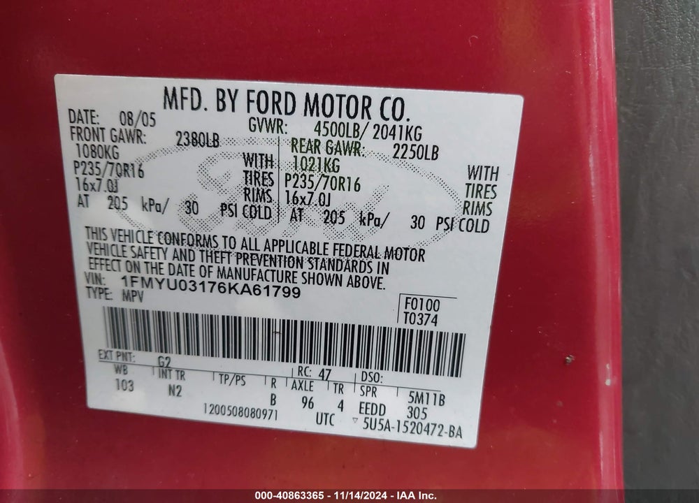 2006 FORD ESCAPE XLT/XLT SPORT VIN: 1FMYU03176KA61799