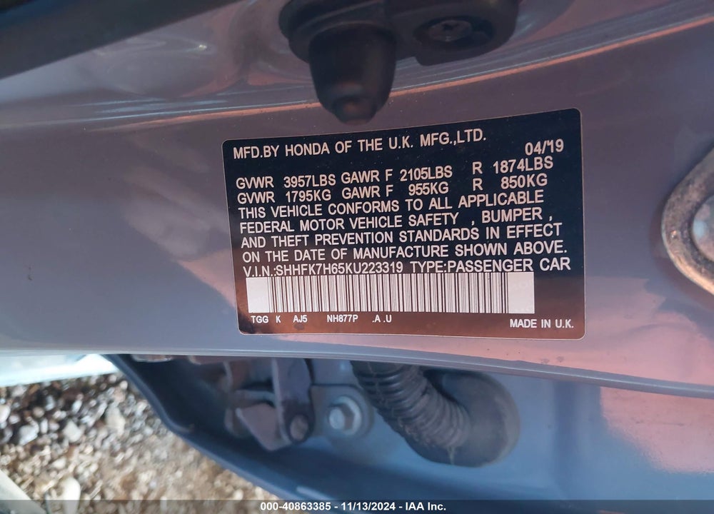 2019 HONDA CIVIC EX VIN: SHHFK7H65KU223319