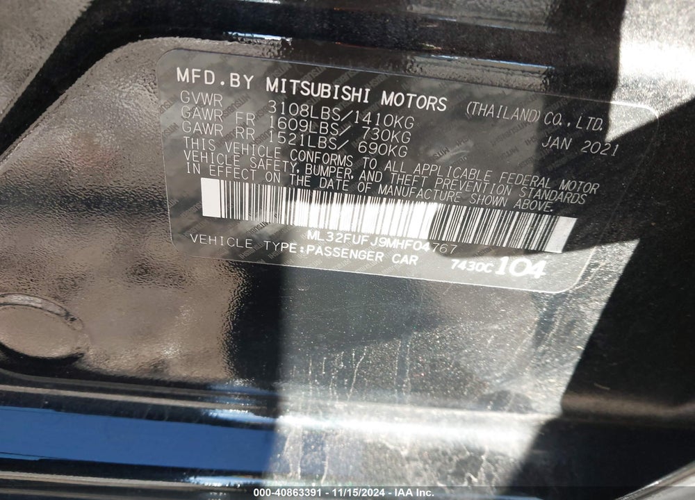 2021 MITSUBISHI MIRAGE G4 CARBONITE EDITION/ES/LE VIN: ML32FUFJ9MHF04767