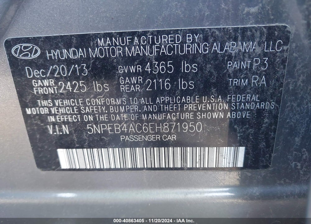 2014 HYUNDAI SONATA GLS VIN: 5NPEB4AC6EH871950
