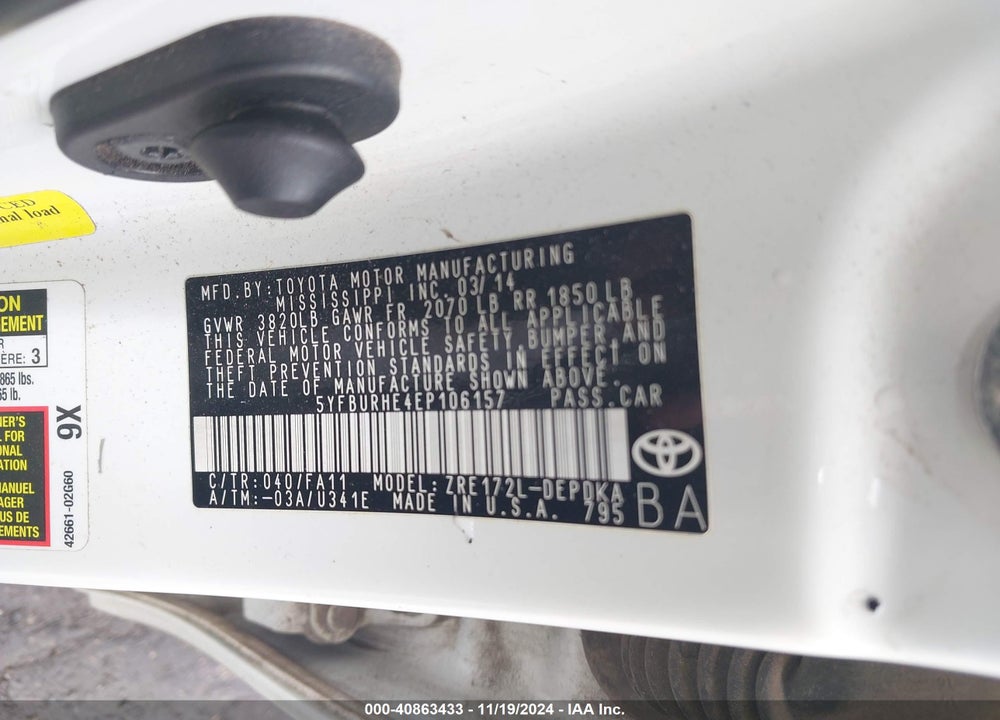 2014 TOYOTA COROLLA L VIN: 5YFBURHE4EP106157