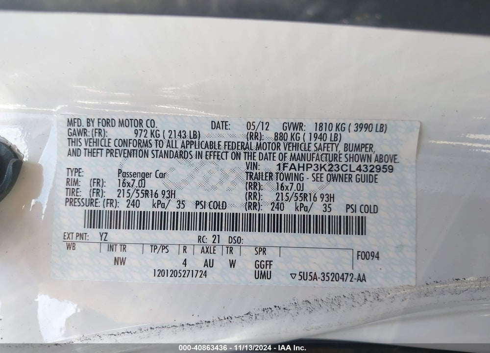 2012 FORD FOCUS SE VIN: 1FAHP3K23CL432959