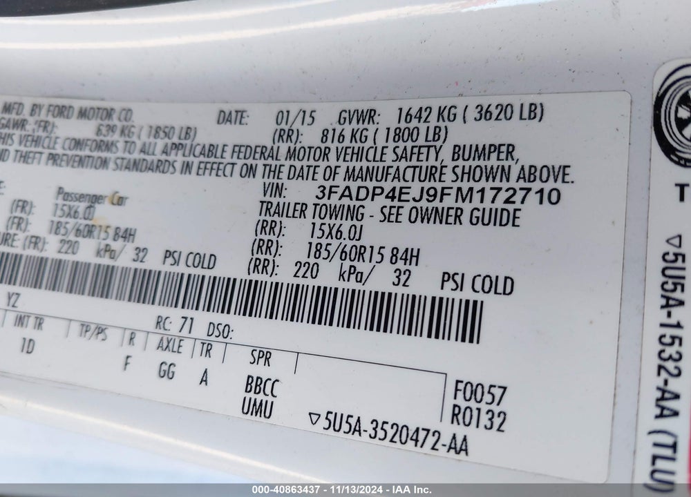2015 FORD FIESTA SE VIN: 3FADP4EJ9FM172710