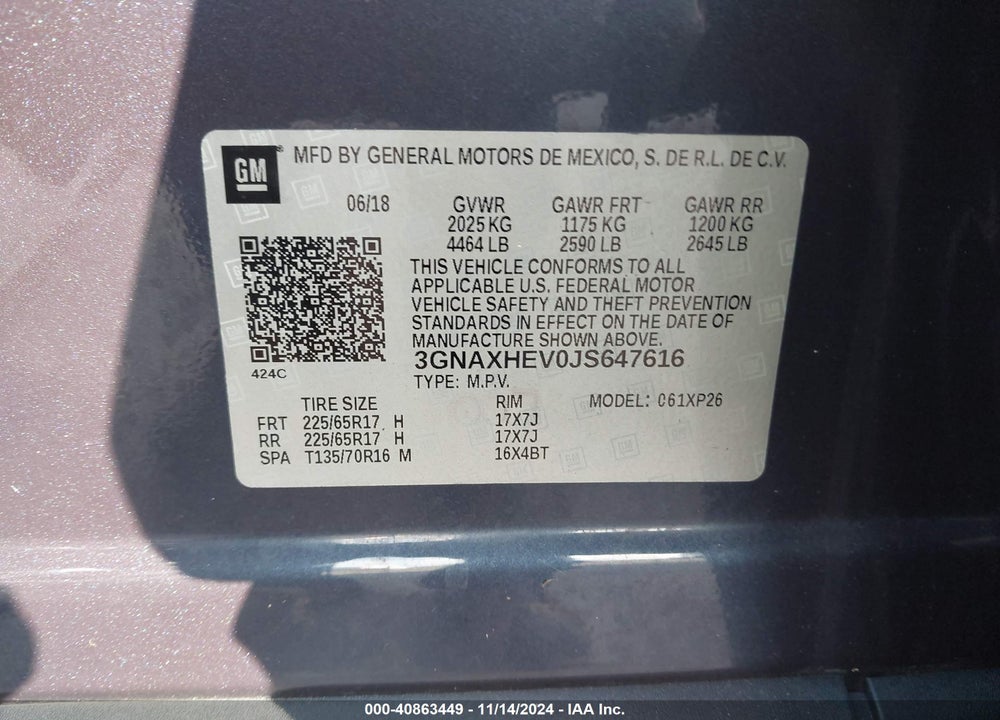2018 CHEVROLET EQUINOX LS VIN: 3GNAXHEV0JS647616