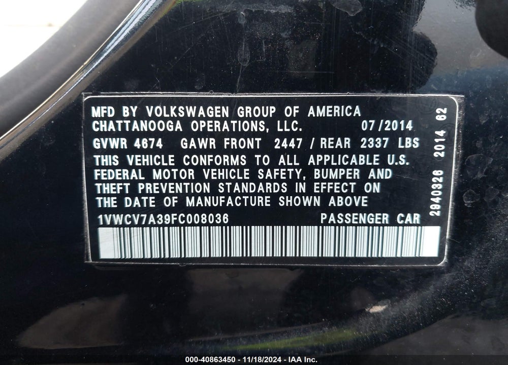 2015 VOLKSWAGEN PASSAT 2.0L TDI SEL PREMIUM VIN: 1VWCV7A39FC008036
