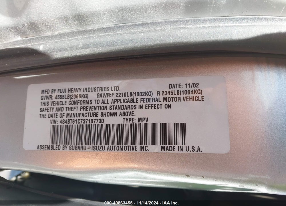 2003 SUBARU BAJA VIN: 4S4BT61C737107730