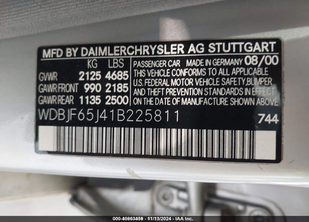 2001 MERCEDES-BENZ E 320 VIN: WDBJF65J41B225811