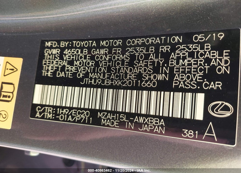 2019 LEXUS UX 250H VIN: JTHU9JBHXK2011660