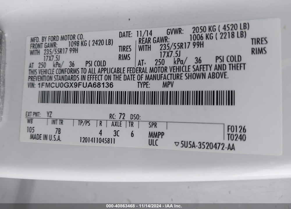 2015 FORD ESCAPE SE VIN: 1FMCU0GX9FUA68136