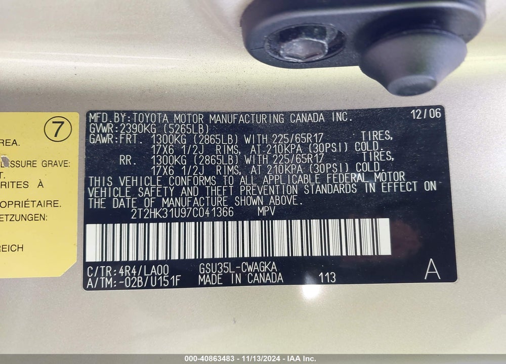 2007 LEXUS RX 350 VIN: 2T2HK31U97C041366
