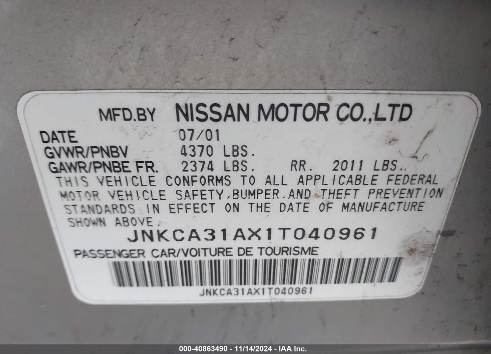 2001 INFINITI I30 LUXURY VIN: JNKCA31AX1T040961