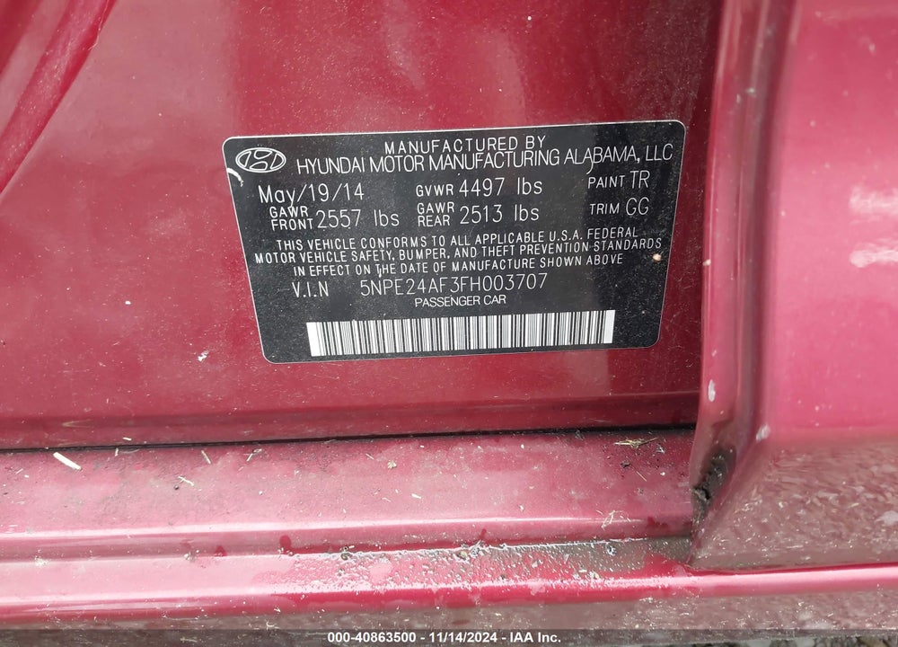 2015 HYUNDAI SONATA SE VIN: 5NPE24AF3FH003707