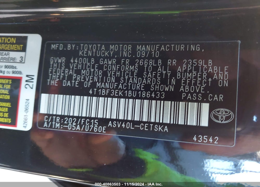 2011 TOYOTA CAMRY SE VIN: 4T1BF3EK1BU186433