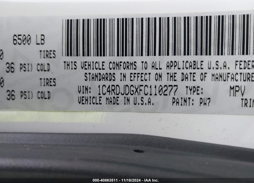 2015 DODGE DURANGO LIMITED VIN: 1C4RDJDGXFC110277