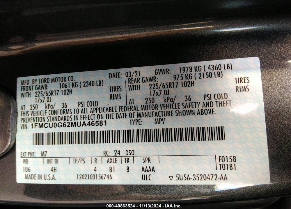 2021 FORD ESCAPE VIN: 1FMCU0G62MUA46581