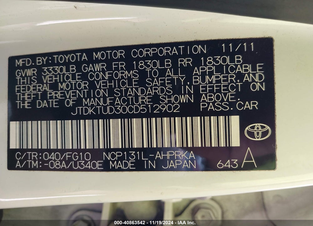 2012 TOYOTA YARIS LE VIN: JTDKTUD30CD512902