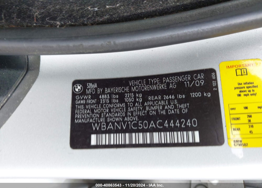 2010 BMW 528I XDRIVE VIN: WBANV1C50AC444240